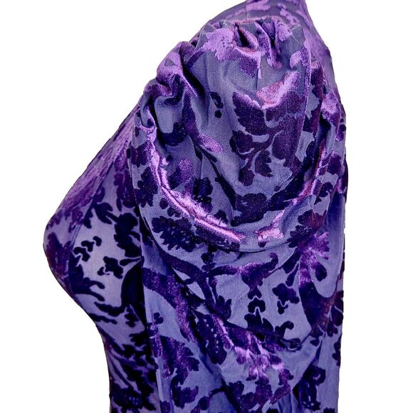NEW Free People X-Small Purple Velvet Bodysuit V-Neck Deep Sea Combo Puff Sleeve - Picture 8 of 12
